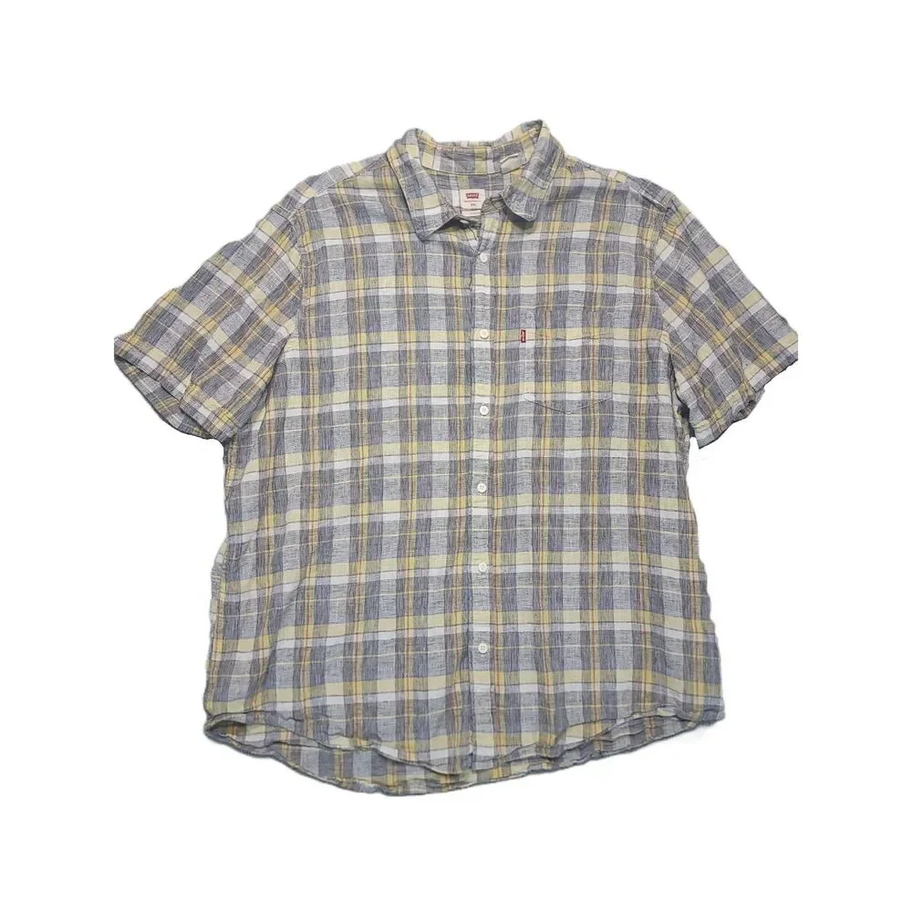Levis Linen Blend Button Up Short Sleeve Shirt Mens XXL Standard Plaid
